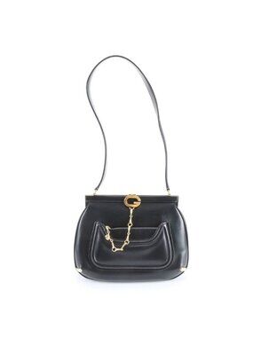 Gucci Vintage Leather Shoulder Bag Black Gold Rem